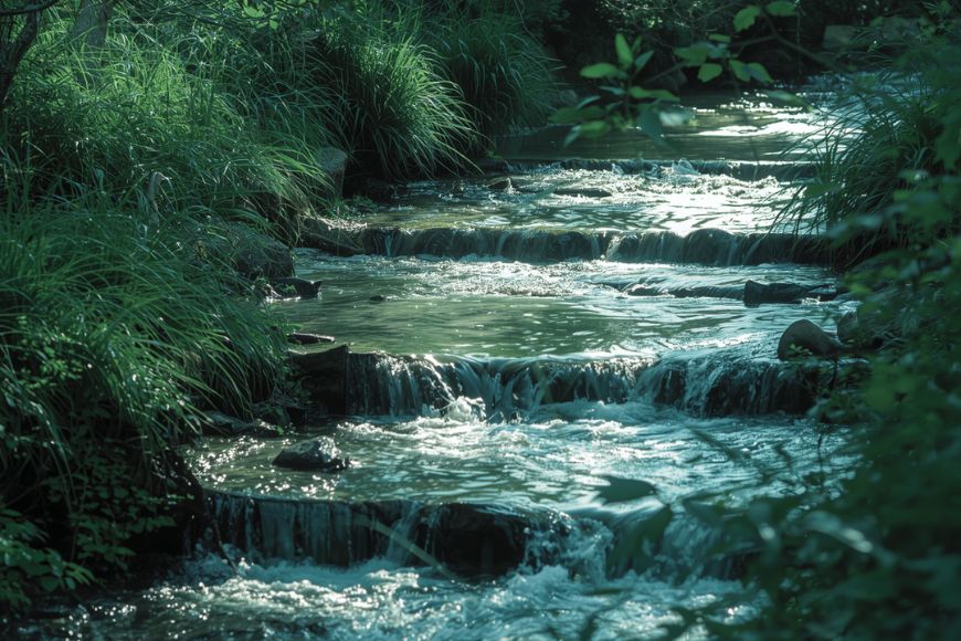 Flowing creek over rock steps